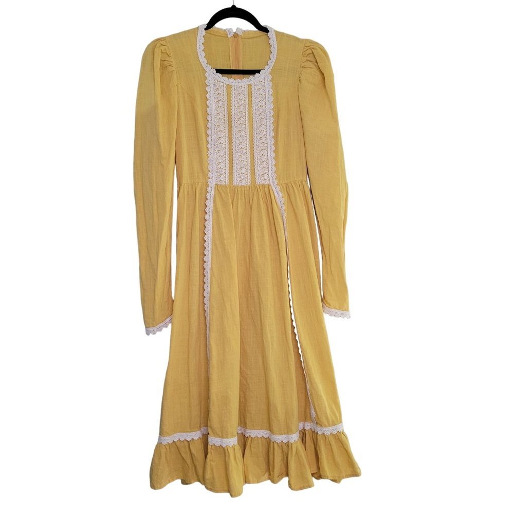 Victorian Women'sโ M Prairie Cottage Core Dress Long Sleeve Crochet Mustard